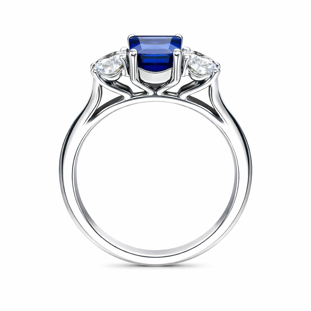 18ct White Gold 1.39ct Sapphire 0.66ct Diamond Emerald Cut Trilogy Ring DMN-1996 Image 2