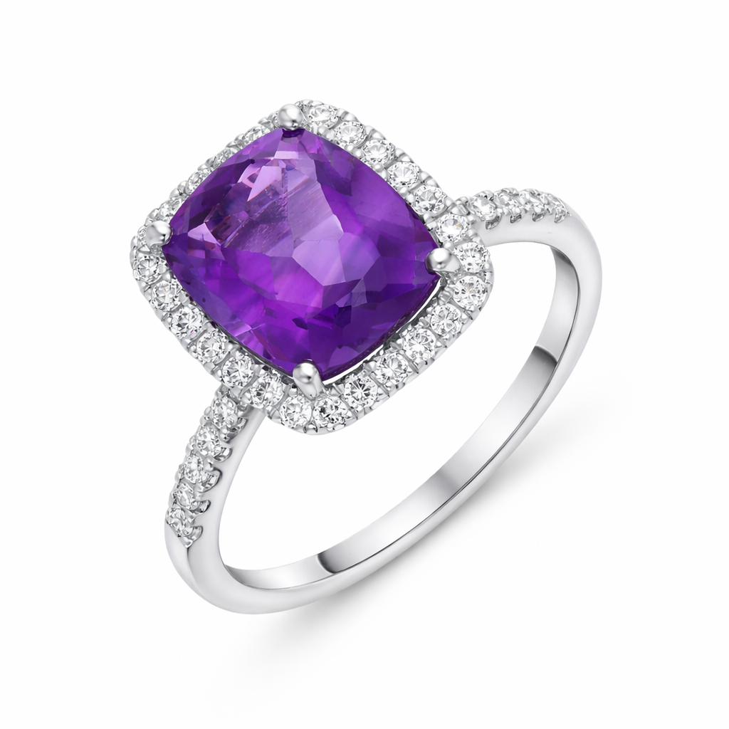 18ct White Gold 2.58ct Amethyst Diamond Shoulder Set Halo Ring DMN-2764 Image 1