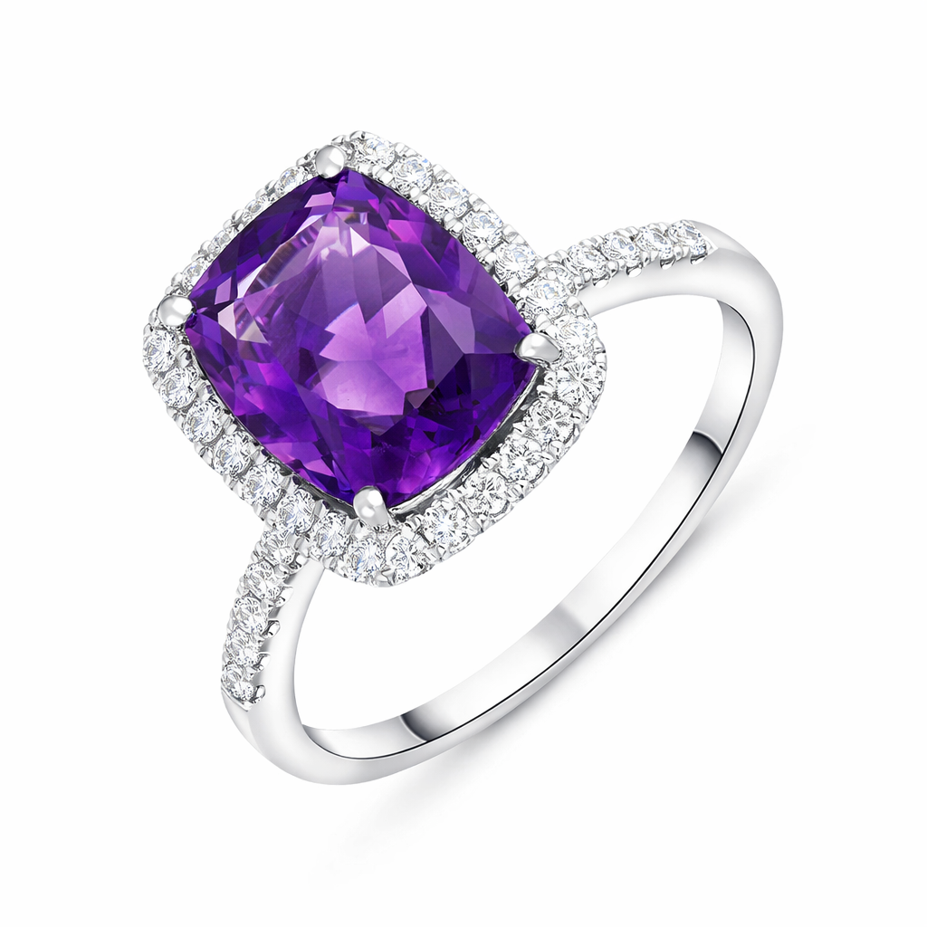 18ct White Gold 2.58ct Amethyst Diamond Shoulder Set Halo Ring H46 Image 1