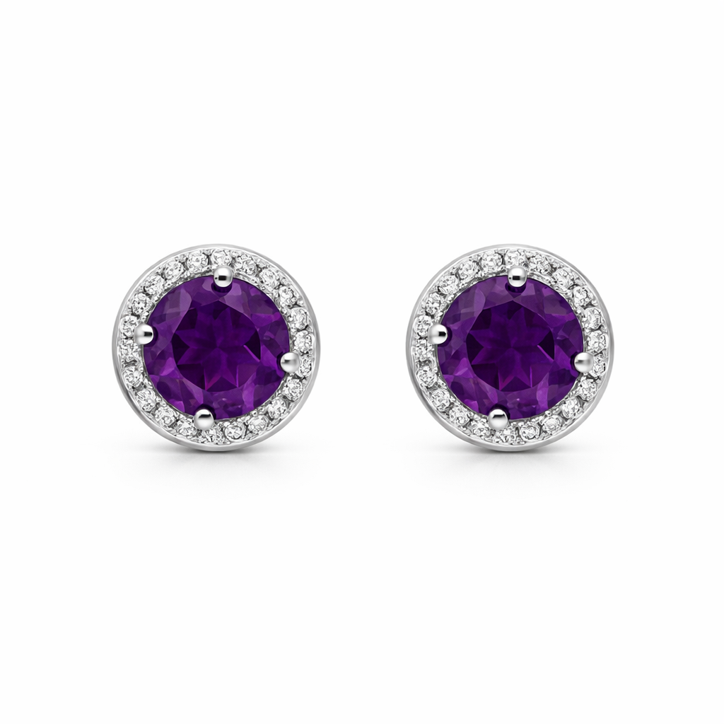 18ct White Gold Amethyst Diamond Cluster Round Stud Earrings 59476AM Image 1