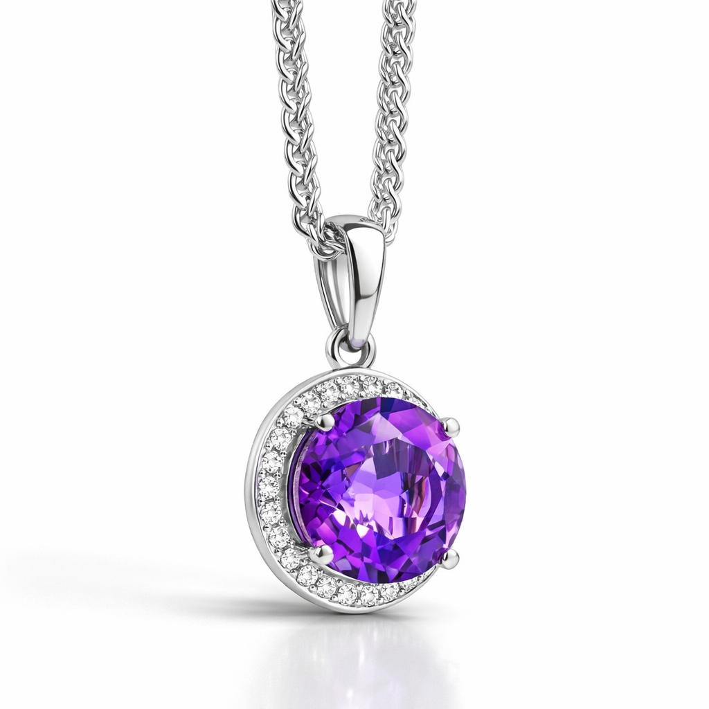 18ct White Gold Amethyst Diamond Round Cluster Necklace F173 Image 2