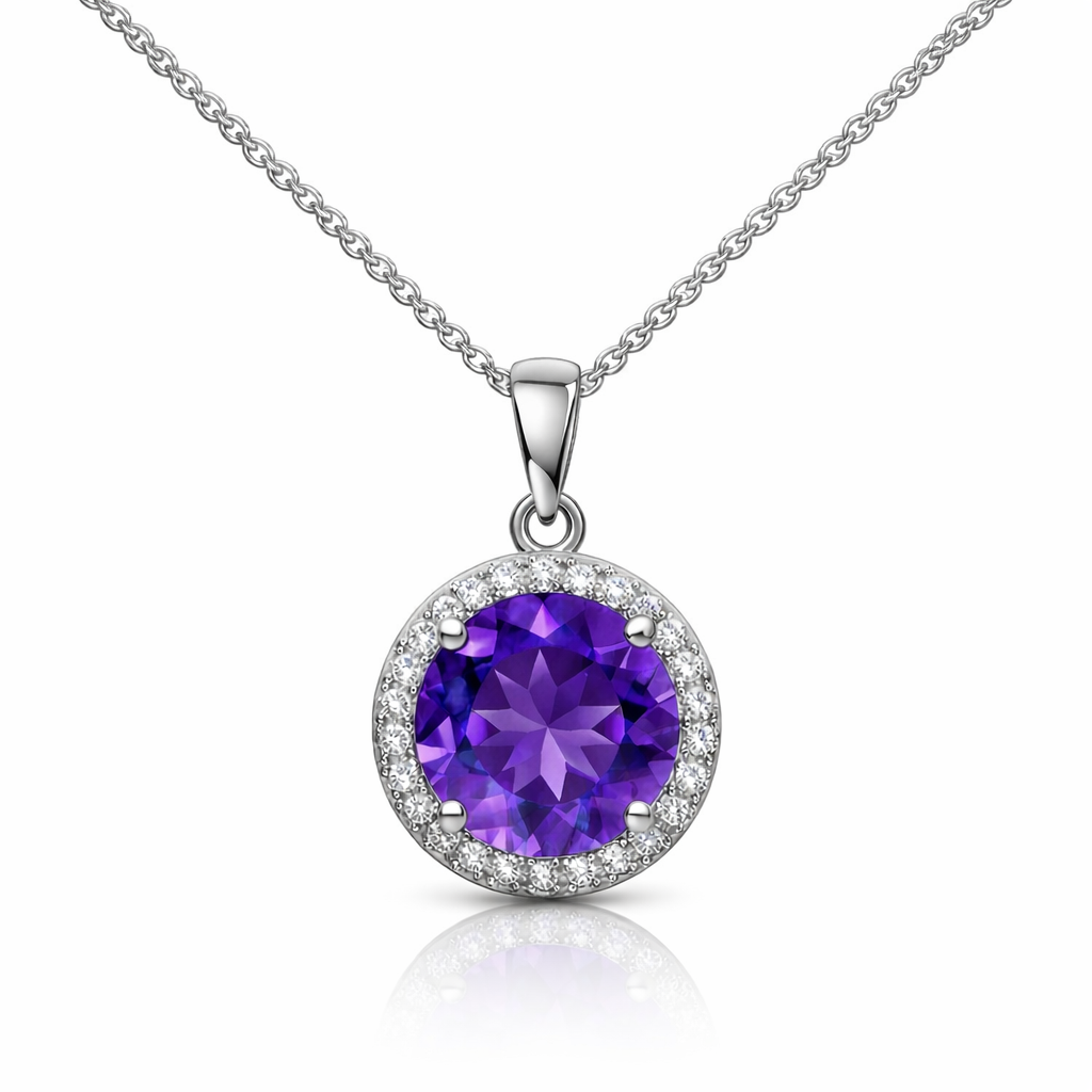 18ct White Gold Amethyst Diamond Round Cluster Pendant 59496AM Image 1