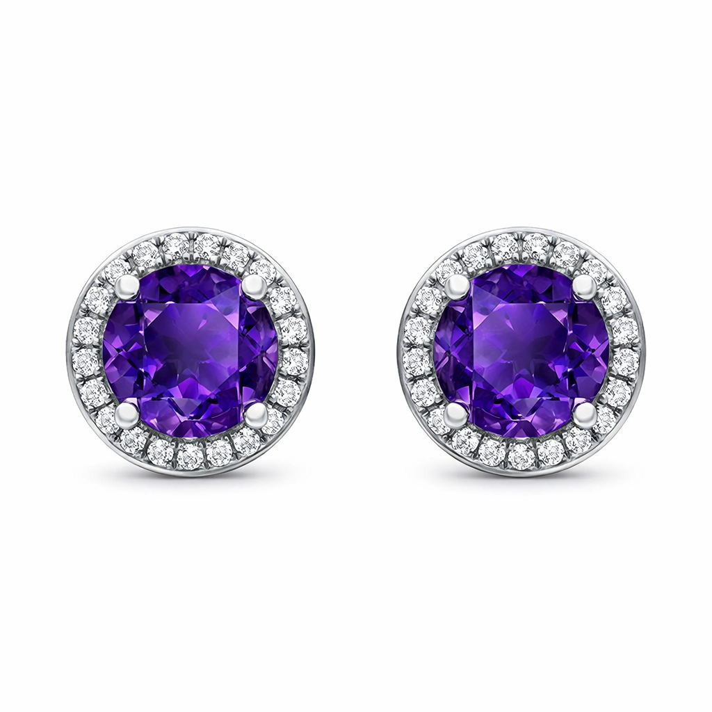 18ct White Gold Amethyst Diamond Round Cluster Stud Earrings F168 Image 1