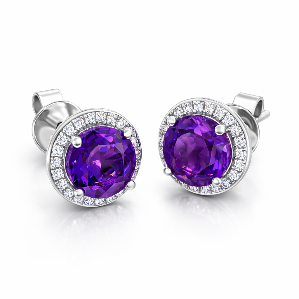 18ct White Gold Amethyst Diamond Round Cluster Stud Earrings F168 Image 2