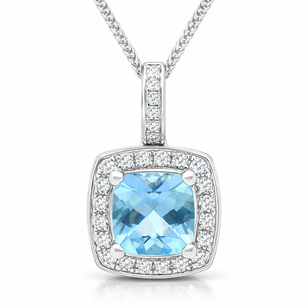18ct White Gold Aquamarine Diamond Cushion Cut Cluster Pendant F491 Image 1