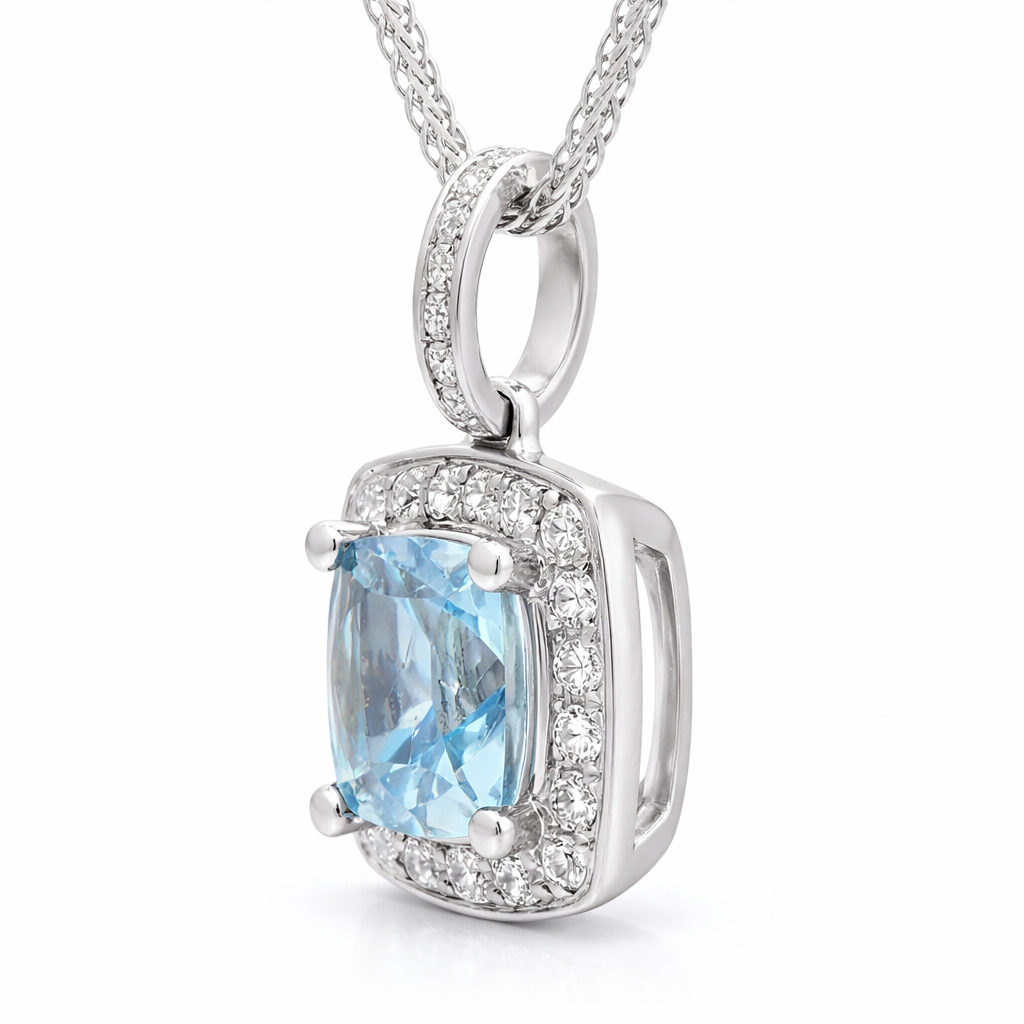 18ct White Gold Aquamarine Diamond Cushion Cut Cluster Pendant F491 Image 2
