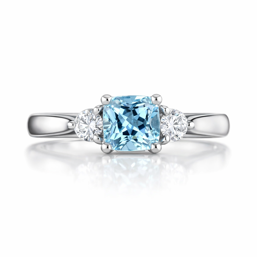 18ct White Gold Aquamarine Diamond Cushion Cut Three Stone Ring 52335AQ Image 2