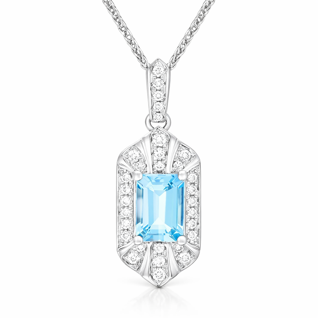 18ct White Gold Aquamarine Diamond Emerald Cut Cluster Pendant H1163 Image 1