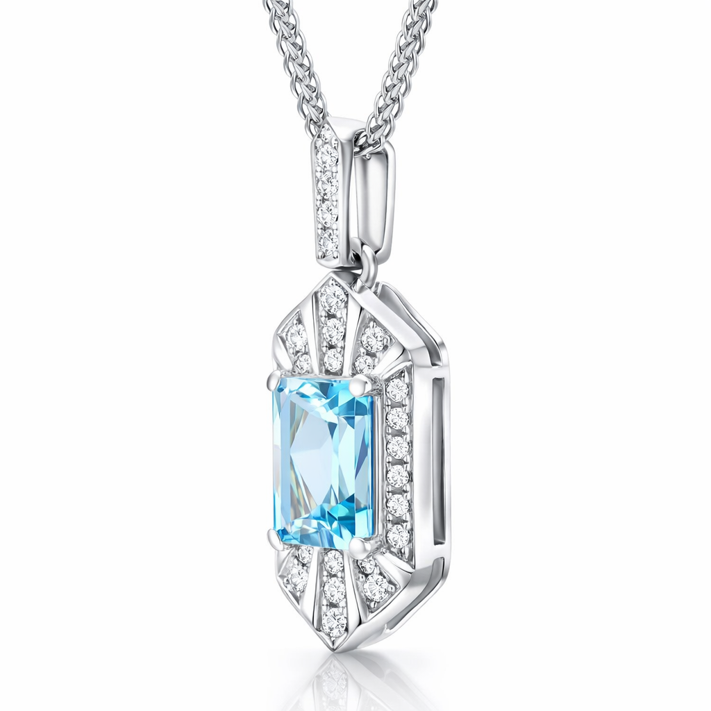 18ct White Gold Aquamarine Diamond Emerald Cut Cluster Pendant H1163 Image 2