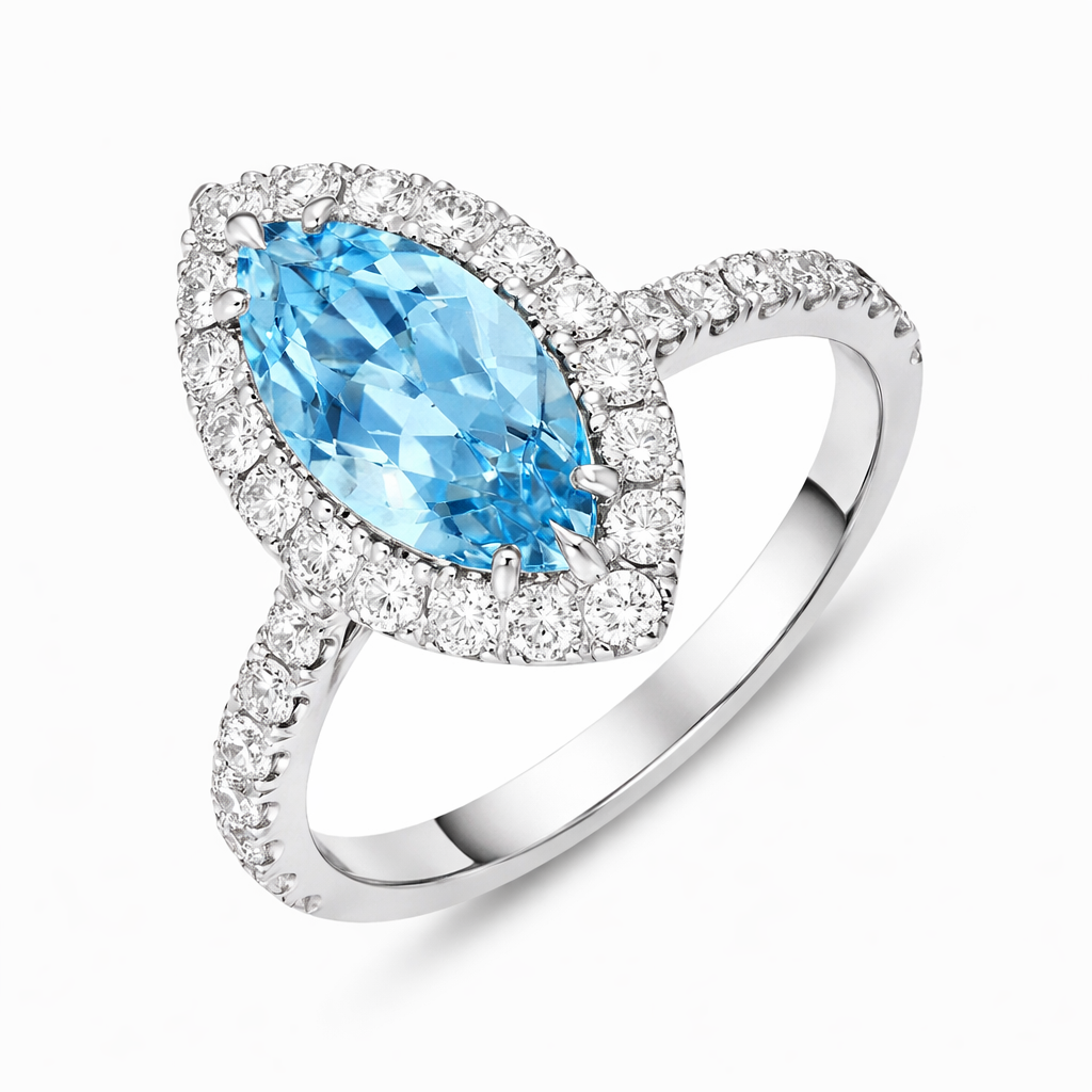 18ct White Gold Aquamarine Diamond Marquise Cut Shoulder Set Cluster Ring D656 Image 1