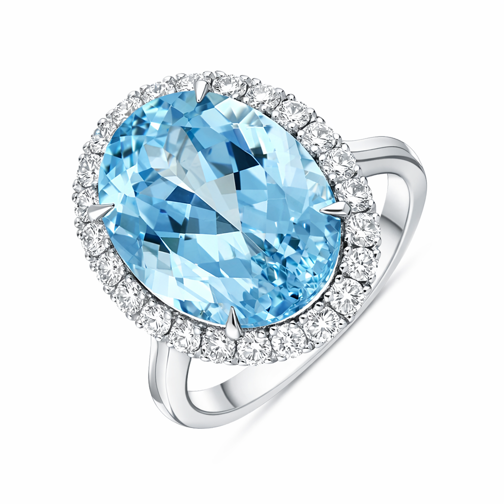 18ct White Gold Aquamarine Diamond Oval Cluster Statement Ring C2153 Image 1