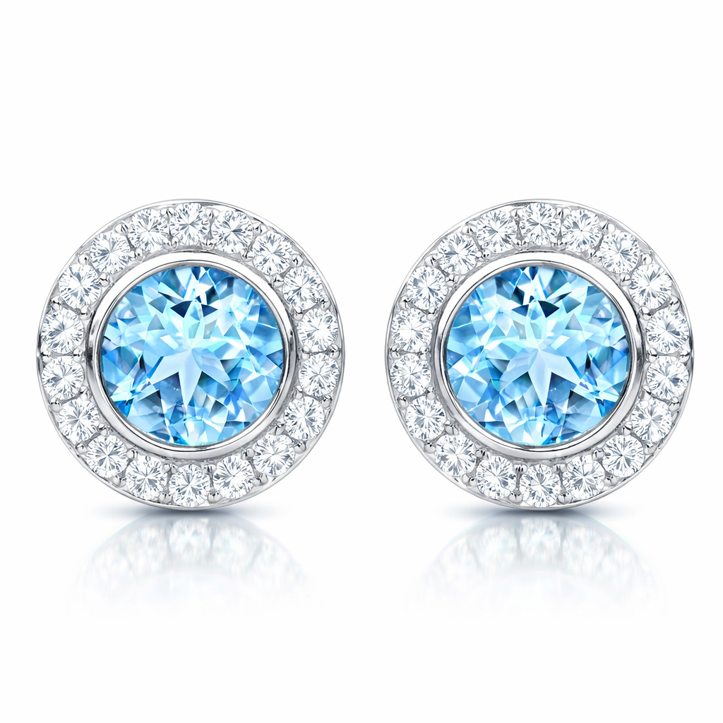 18ct White Gold Aquamarine Diamond Pave Round Stud Earrings 59730A8 Image 1