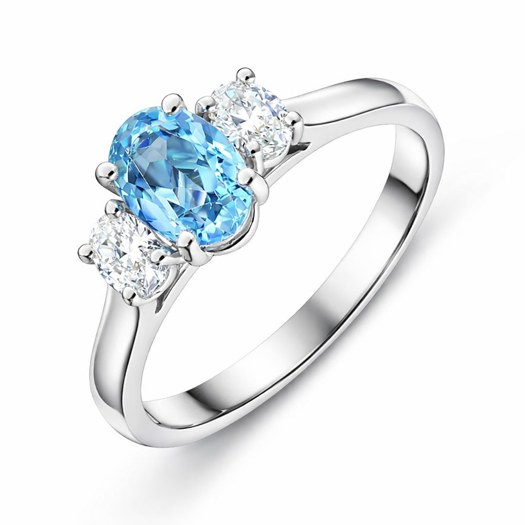 18ct White Gold Aquamarine Diamond Three Stone Ring DMN-1961 Image 1