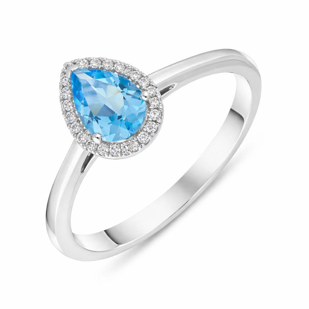 18ct White Gold Blue Topaz Diamond Pear Cut Halo Ring RW-1644-BT Image 1