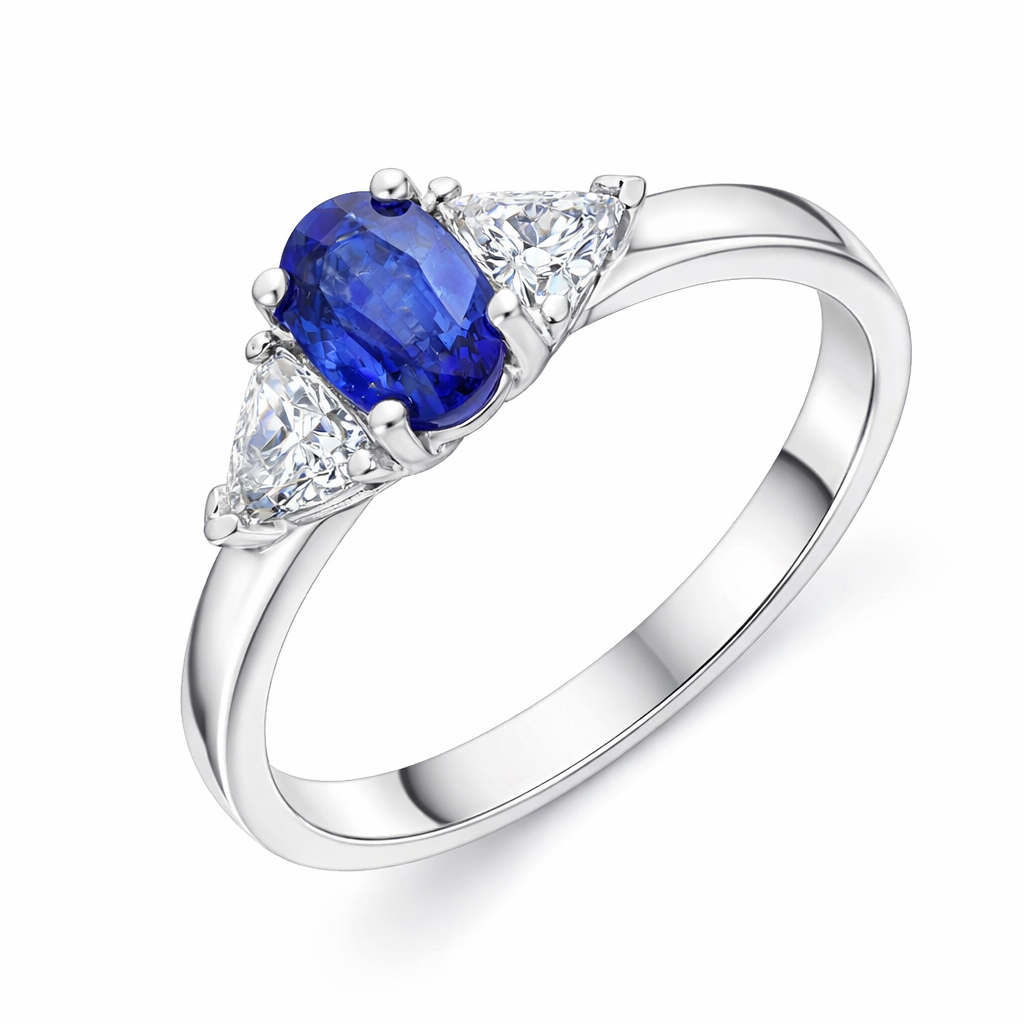 18ct White Gold Diamond and Sapphire 3 Stone Claw Oval Centre Trilogy Ring DMN-3120 Image 1