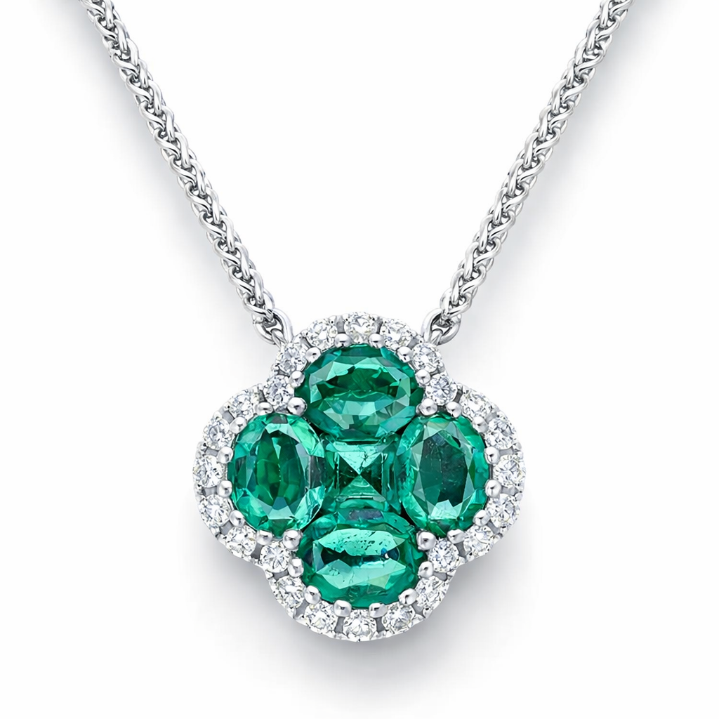 18ct White Gold Emerald 0.22ct Diamond Clover Cluster Necklace DMN-2287 Image 1