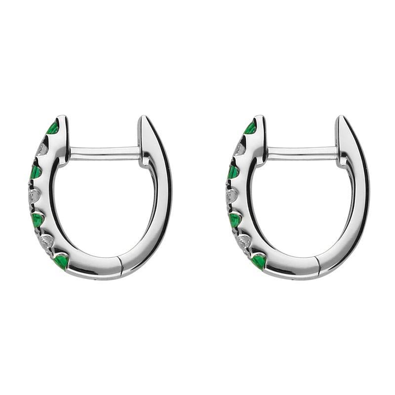 18ct White Gold Emerald and Diamond Huggie Hoop Earrings E01124E Image 2