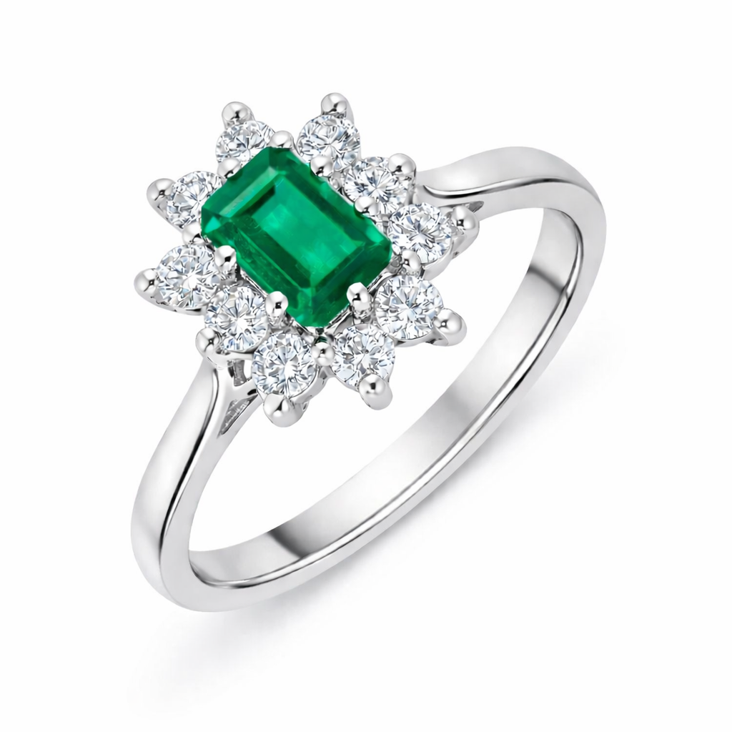 18ct White Gold Emerald Diamond Baguette Cut Cluster Ring DMN-970 Image 1