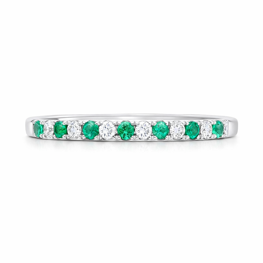 18ct White Gold Emerald Diamond Castle Set Half Eternity Ring H1637 Image 2