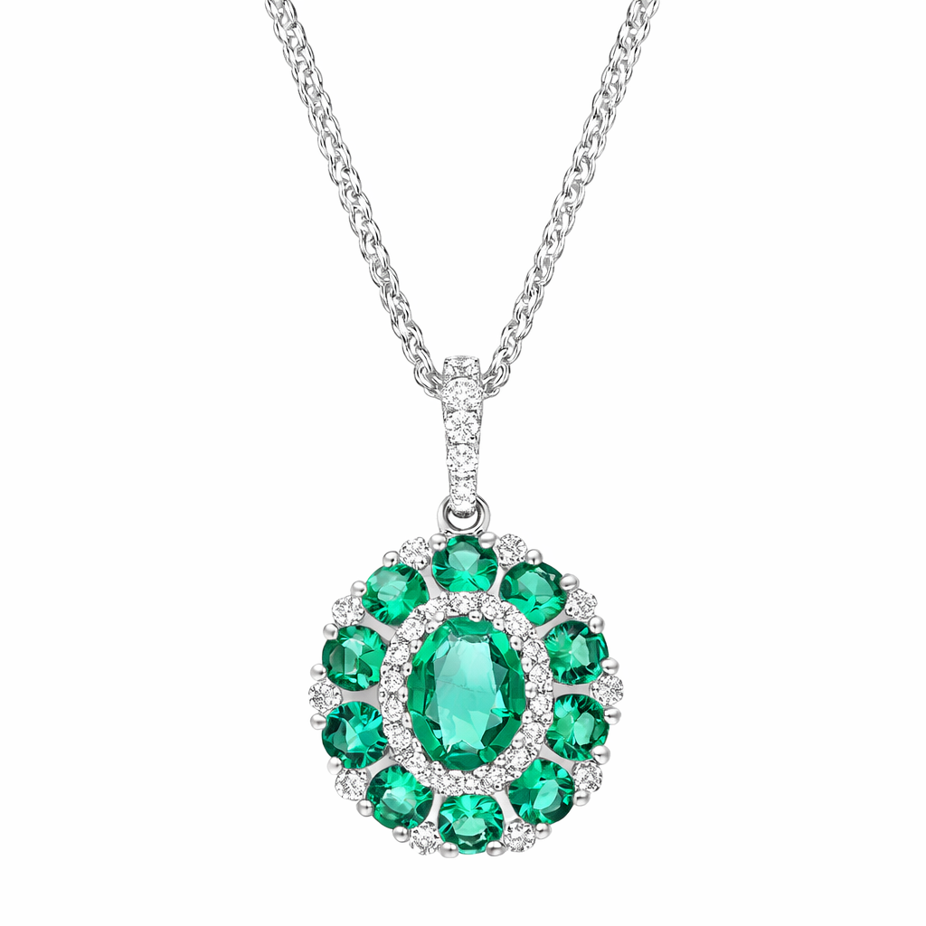 18ct White Gold Emerald Diamond Cluster Oval Pendant H168 Image 1
