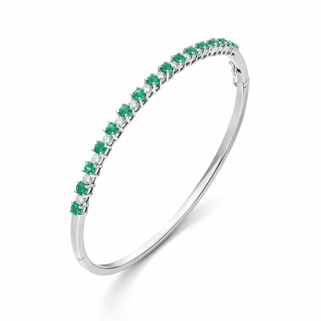 18ct White Gold Emerald Diamond Hinged Bangle J473 Image 1