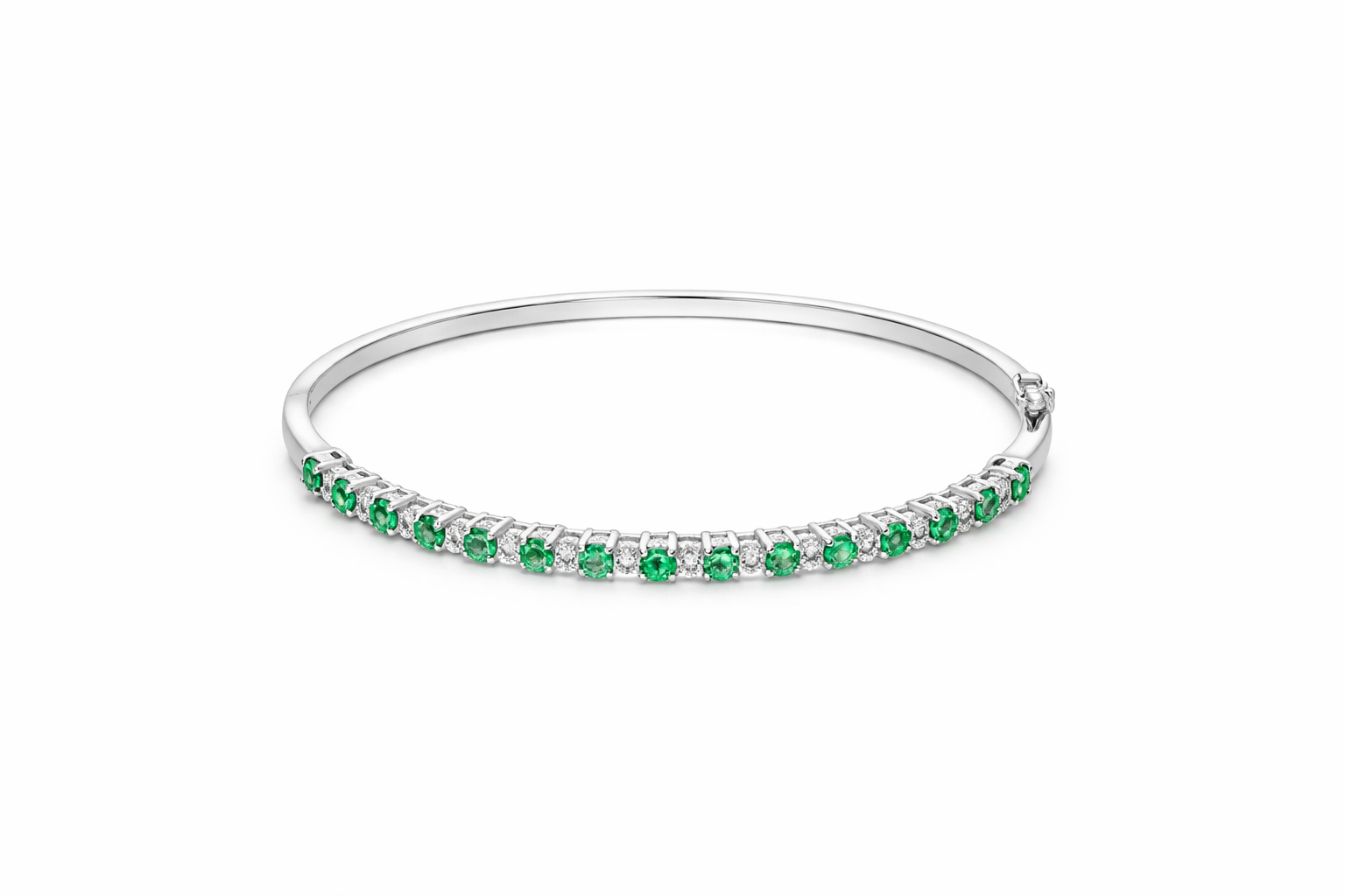 18ct White Gold Emerald Diamond Hinged Bangle J473 Image 2