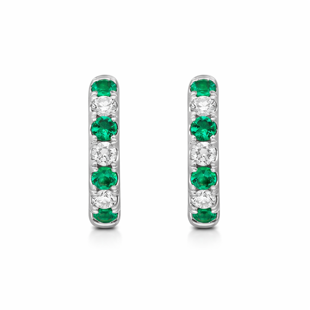18ct White Gold Emerald Diamond Seven Stone Hoop Earrings 46276 Image 1