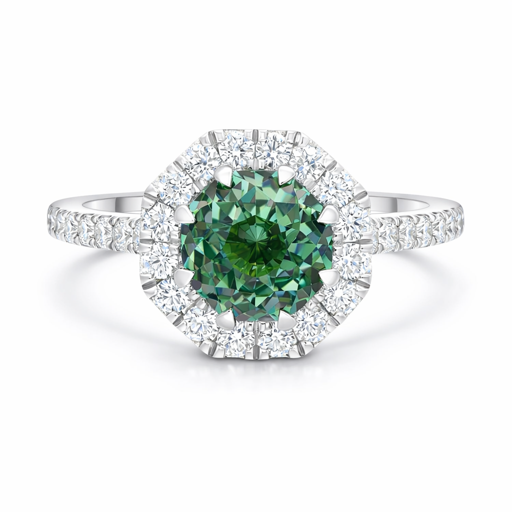 18ct White Gold Green Tourmaline Diamond Shoulder Set Octagon Cluster Ring H568 Image 2