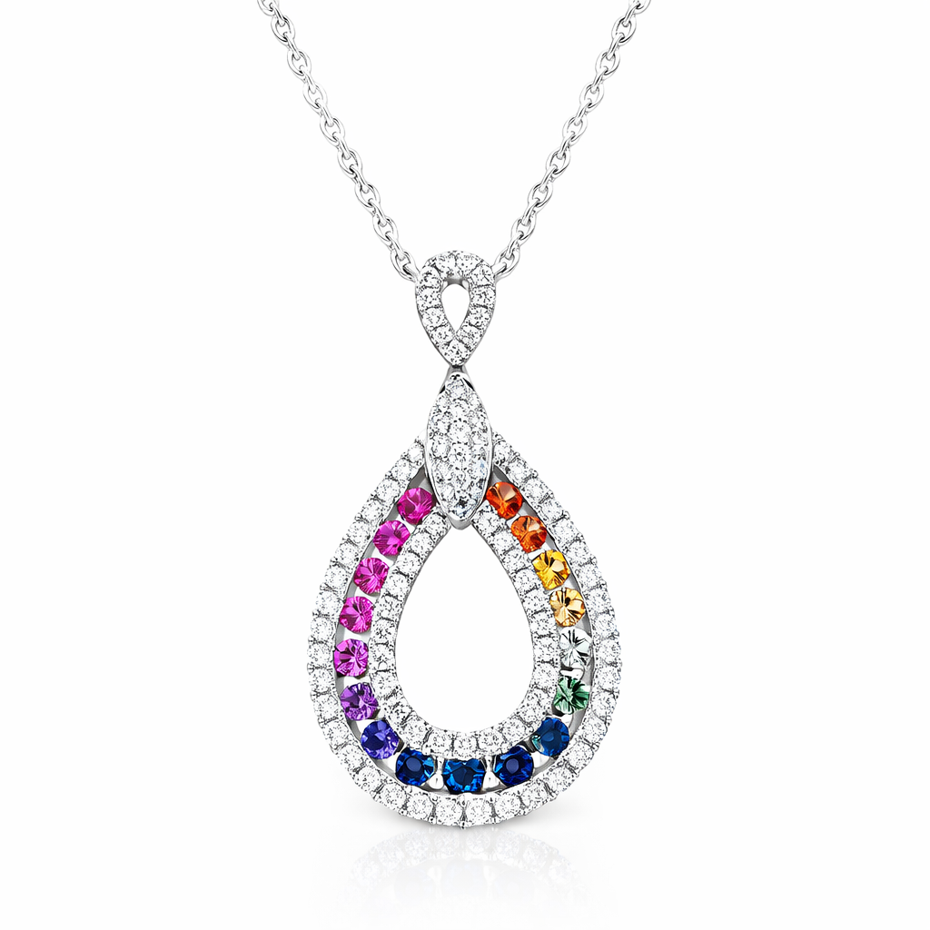 18ct White Gold Mixed Sapphire Diamond Open Pear Drop Necklace DMN-2270 Image 1