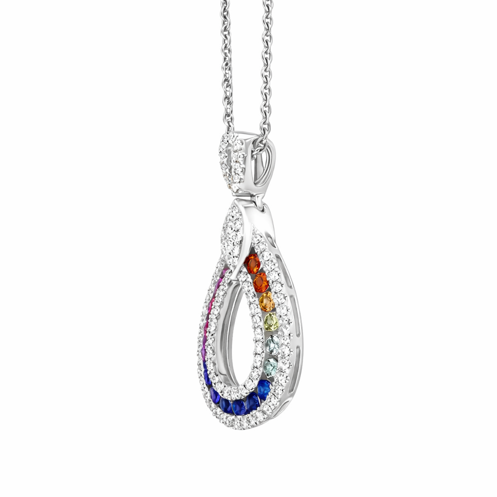 18ct White Gold Mixed Sapphire Diamond Open Pear Drop Necklace DMN-2270 Image 2