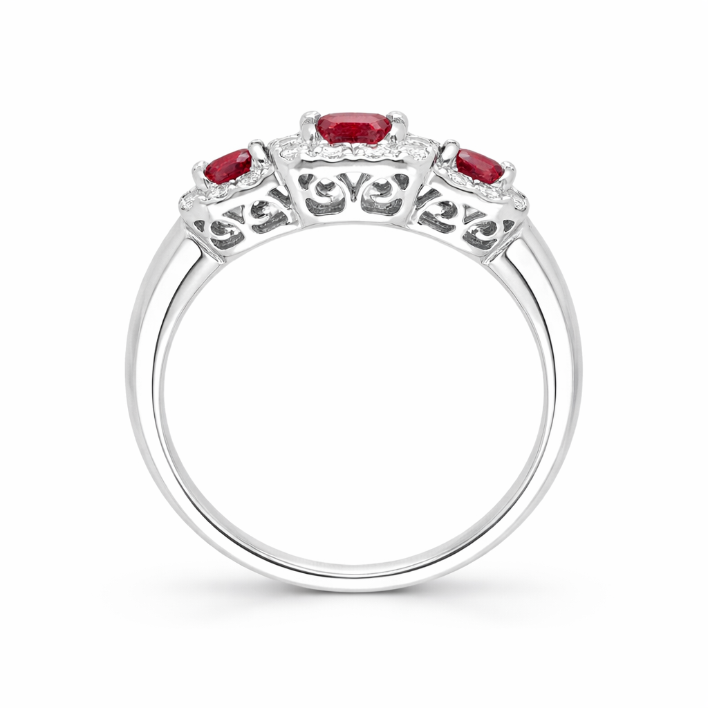 18ct White Gold Ruby Diamond Claw Set Triple Cluster Ring D1390 Image 3