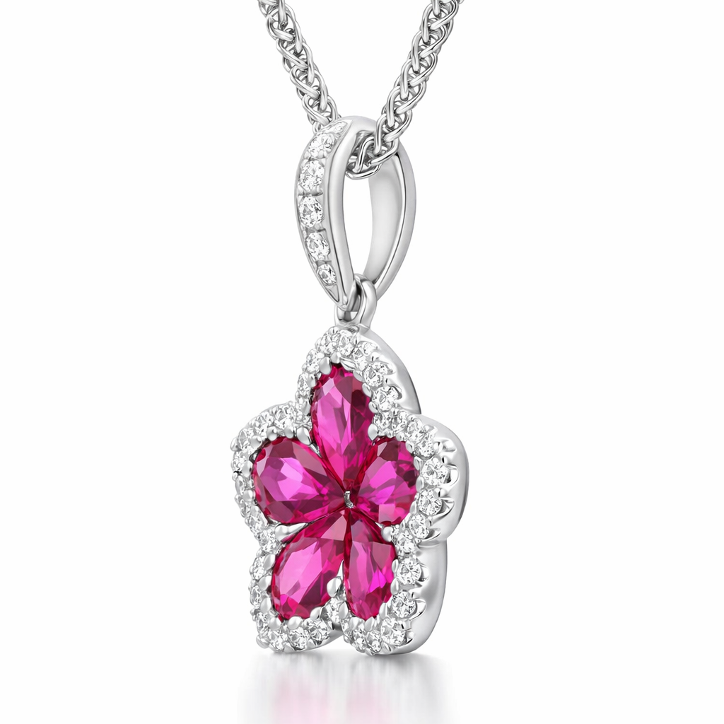 18ct White Gold Ruby Diamond Cluster Pear Cut Flower Pendant DMN-2774 Image 2