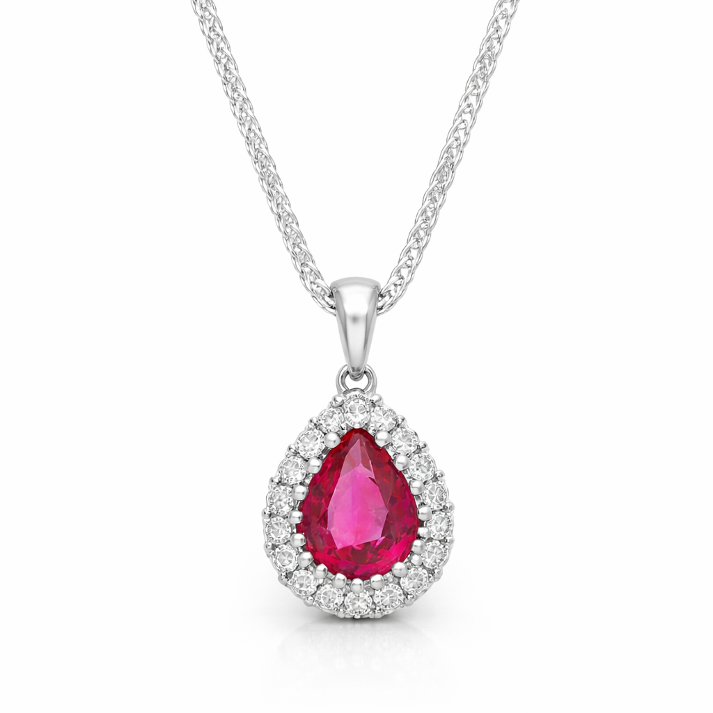 18ct White Gold Ruby Diamond Cluster Pear Pendant 36836 Image 1