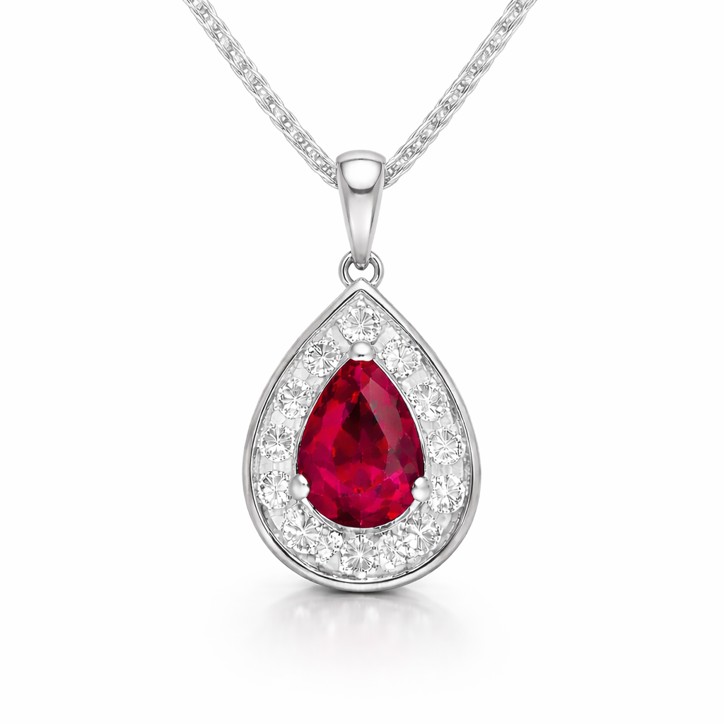 18ct White Gold Ruby Diamond Cluster Pear Pendant 39350 Image 1