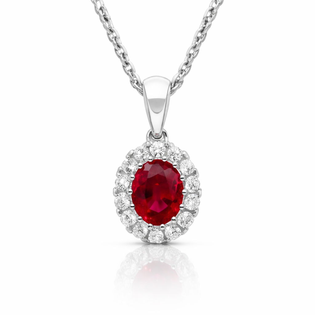 18ct White Gold Ruby Diamond Oval Cluster Necklace DMN-1212 Image 1
