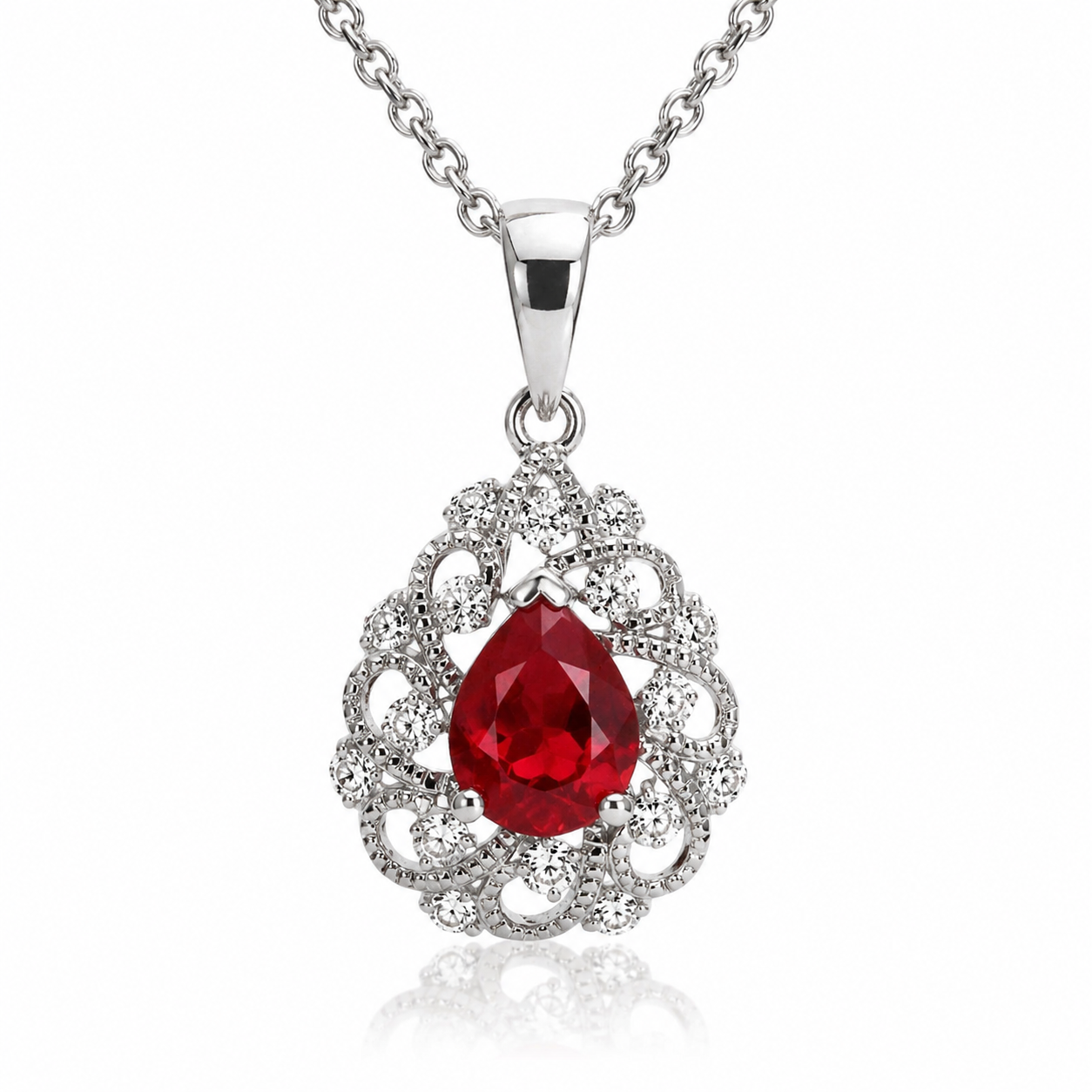 18ct White Gold Ruby and Diamond Pear Swirl Necklace