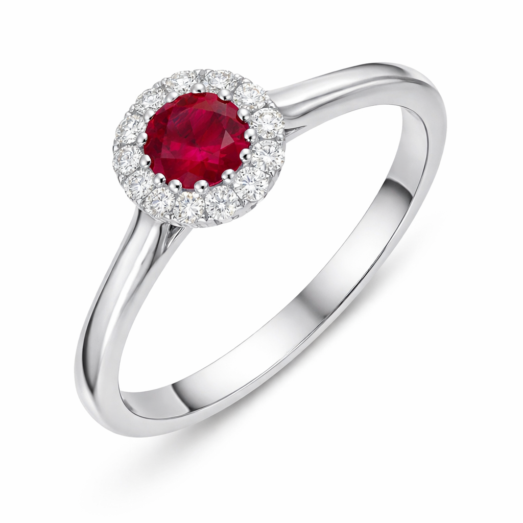 18ct White Gold Ruby Diamond Round Halo Ring G30 Image 1