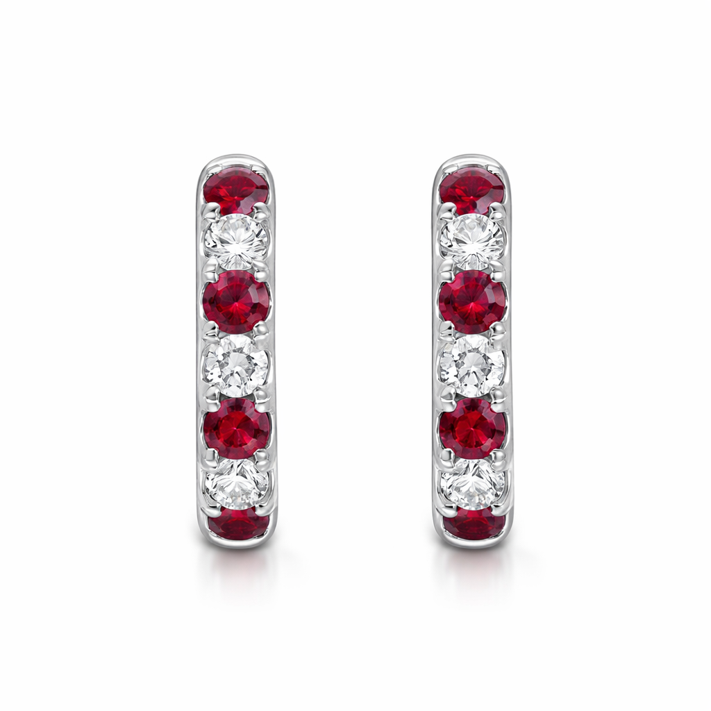 18ct White Gold Ruby Diamond Seven Stone Hoop Earrings 36276 Image 1