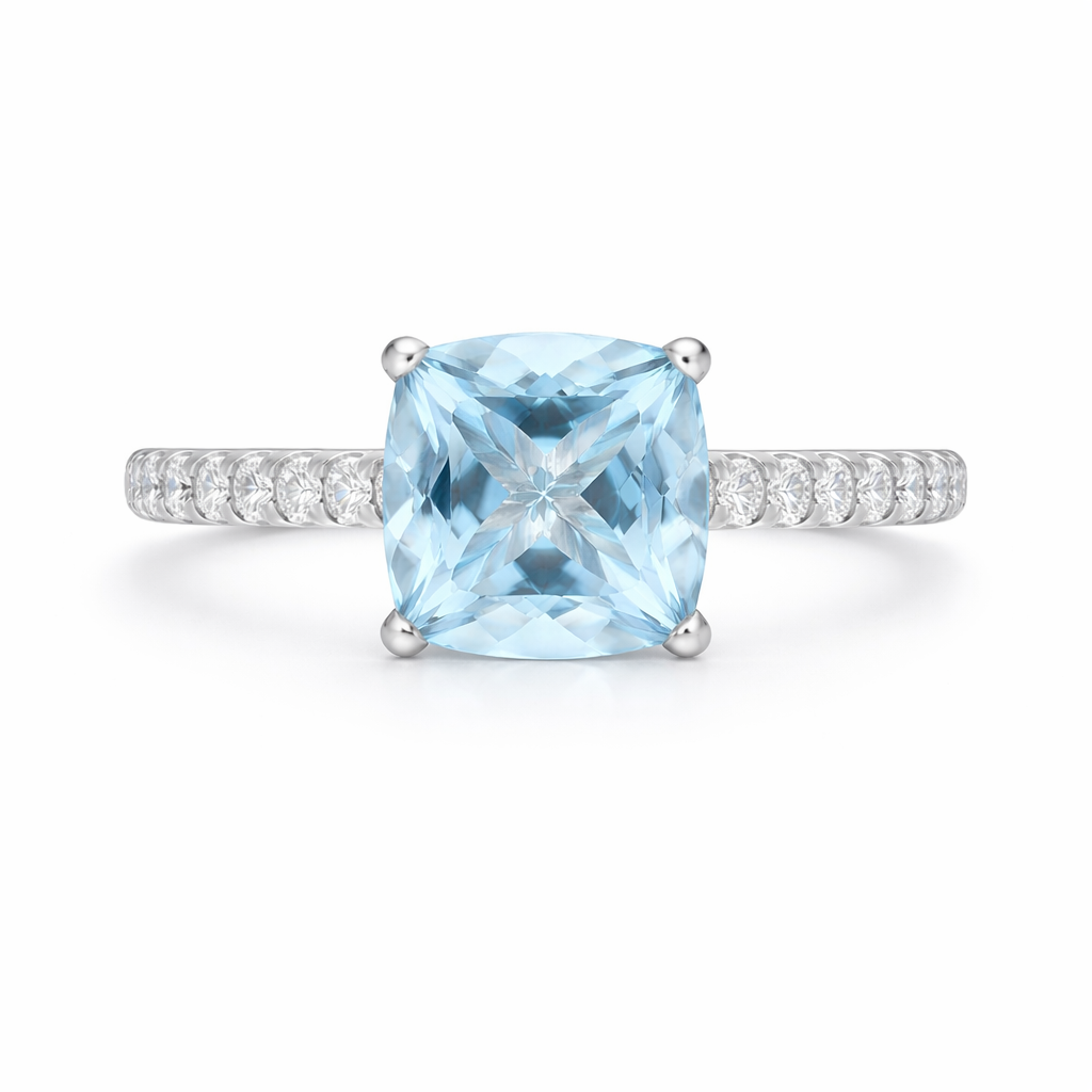 18ct White Gold Santa Maria Aquamarine Diamond Cushion Pave Should Ring RW-1806-SAQ Image 4