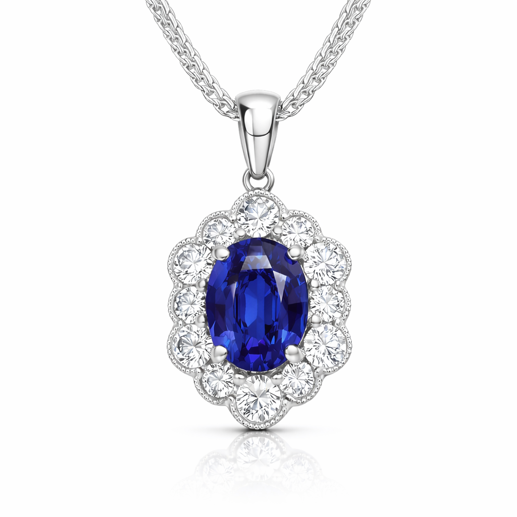 18ct White Gold Sapphire Diamond Cluster Oval Pendant 29473 Image 1