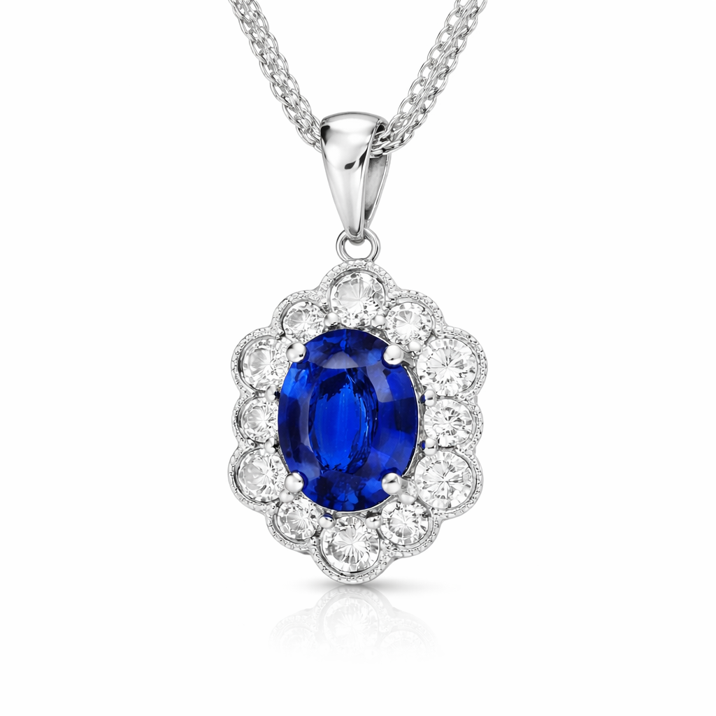18ct White Gold Sapphire Diamond Cluster Oval Pendant 29473 Image 2