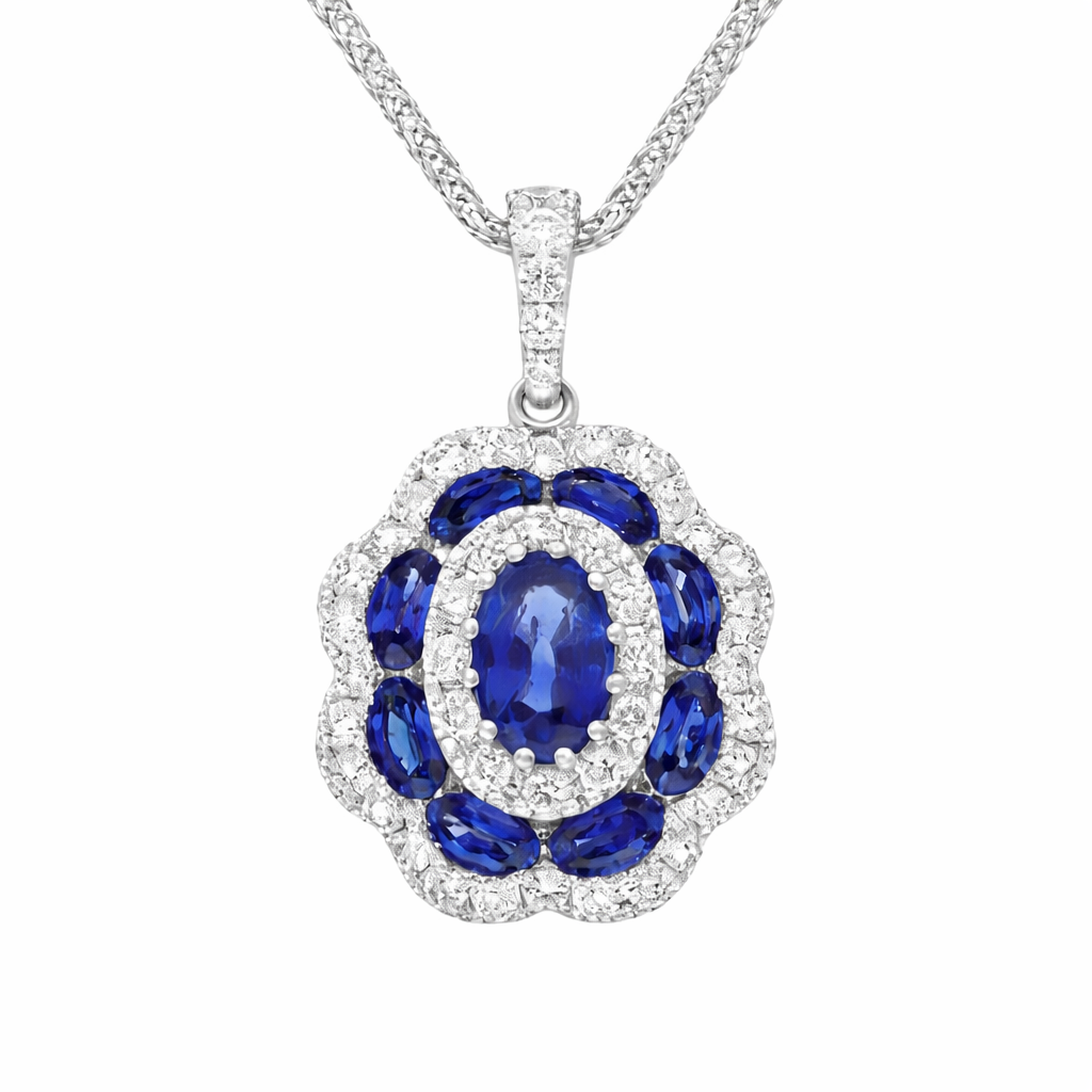 18ct White Gold Sapphire Diamond Cluster Oval Pendant B2037 Image 1