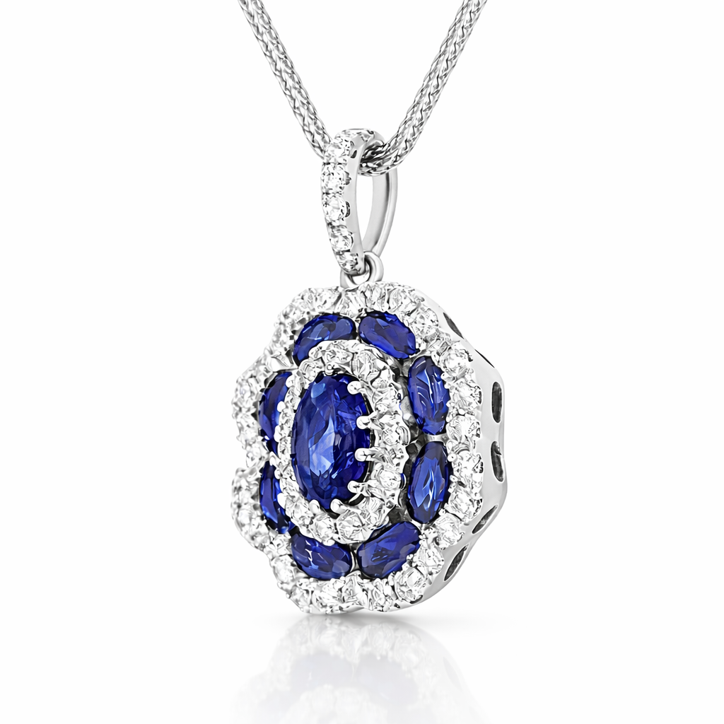 18ct White Gold Sapphire Diamond Cluster Oval Pendant B2037 Image 2