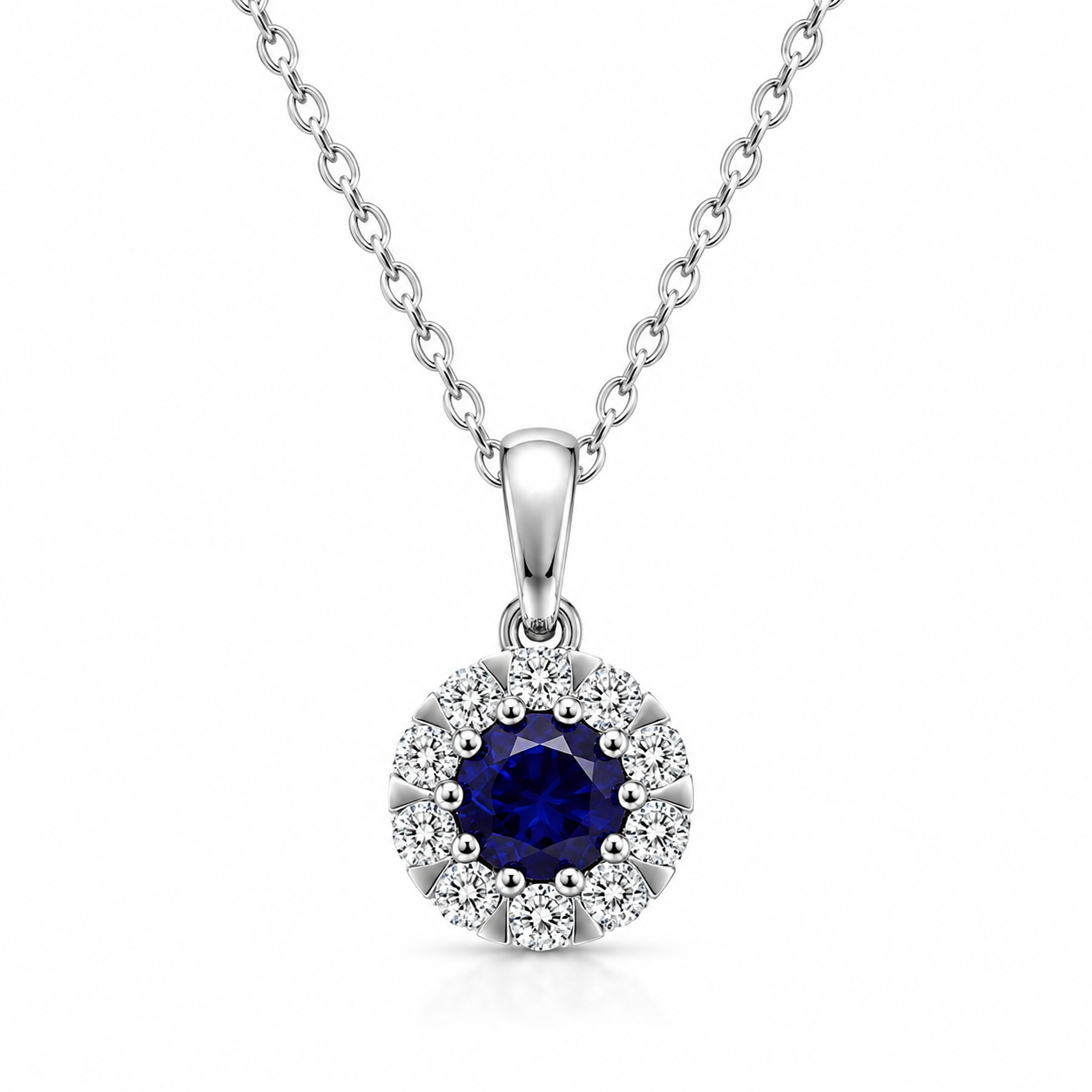 18ct White Gold Sapphire Diamond Cluster Pendant