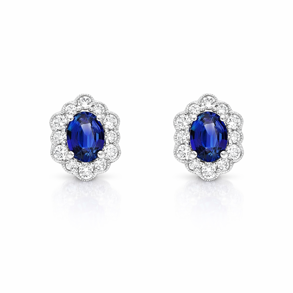 18ct White Gold Sapphire Diamond Oval Cluster Stud Earrings 29470 Image 1