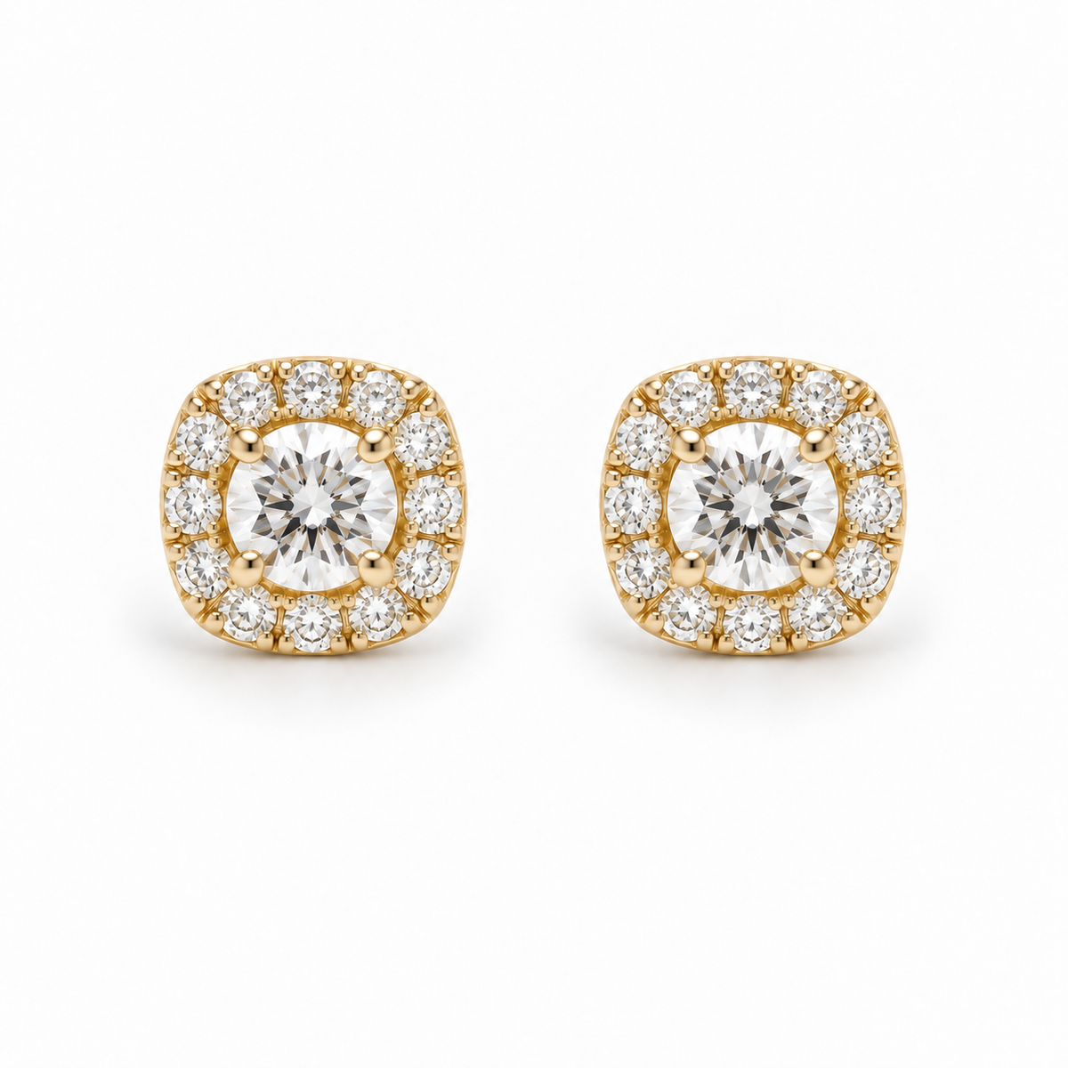 18ct Yellow Gold 0.46ct Diamond Cushion Halo Cluster Stud Earrings