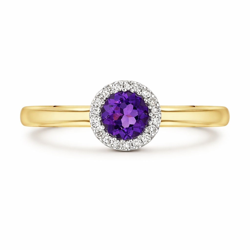 18ct Yellow Gold Amethyst Diamond Round Cut Halo Ring RTT-1637-AM Image 2