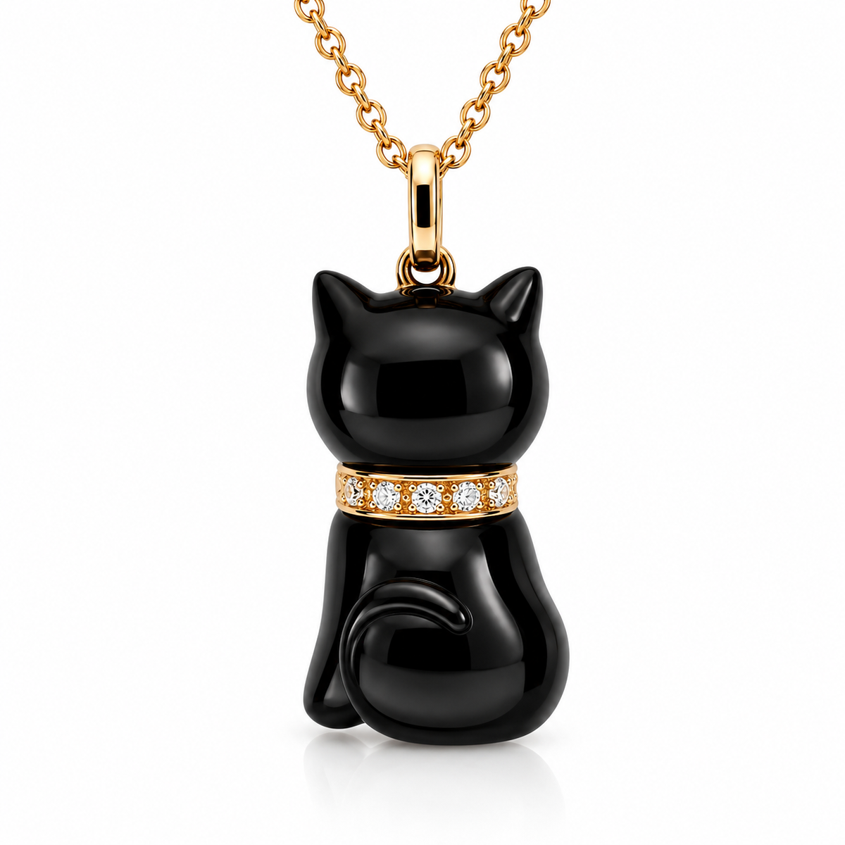 18ct Rose Gold Whitby Jet & Diamond Small Cat Necklace