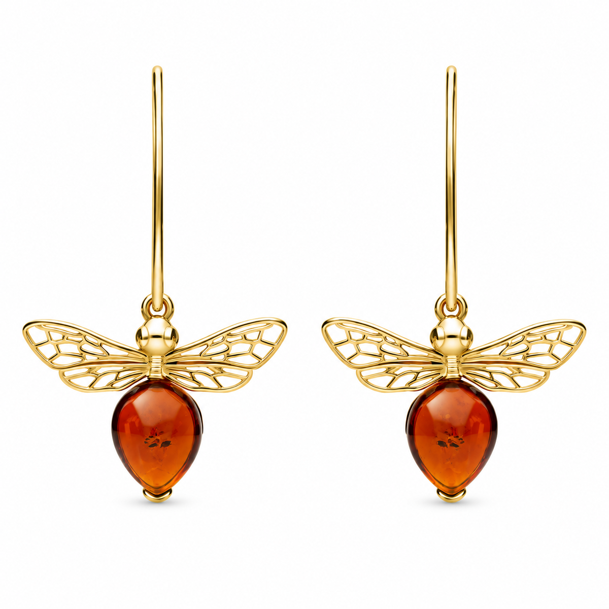 9ct Yellow Gold Amber Bee Small Hook Earrings