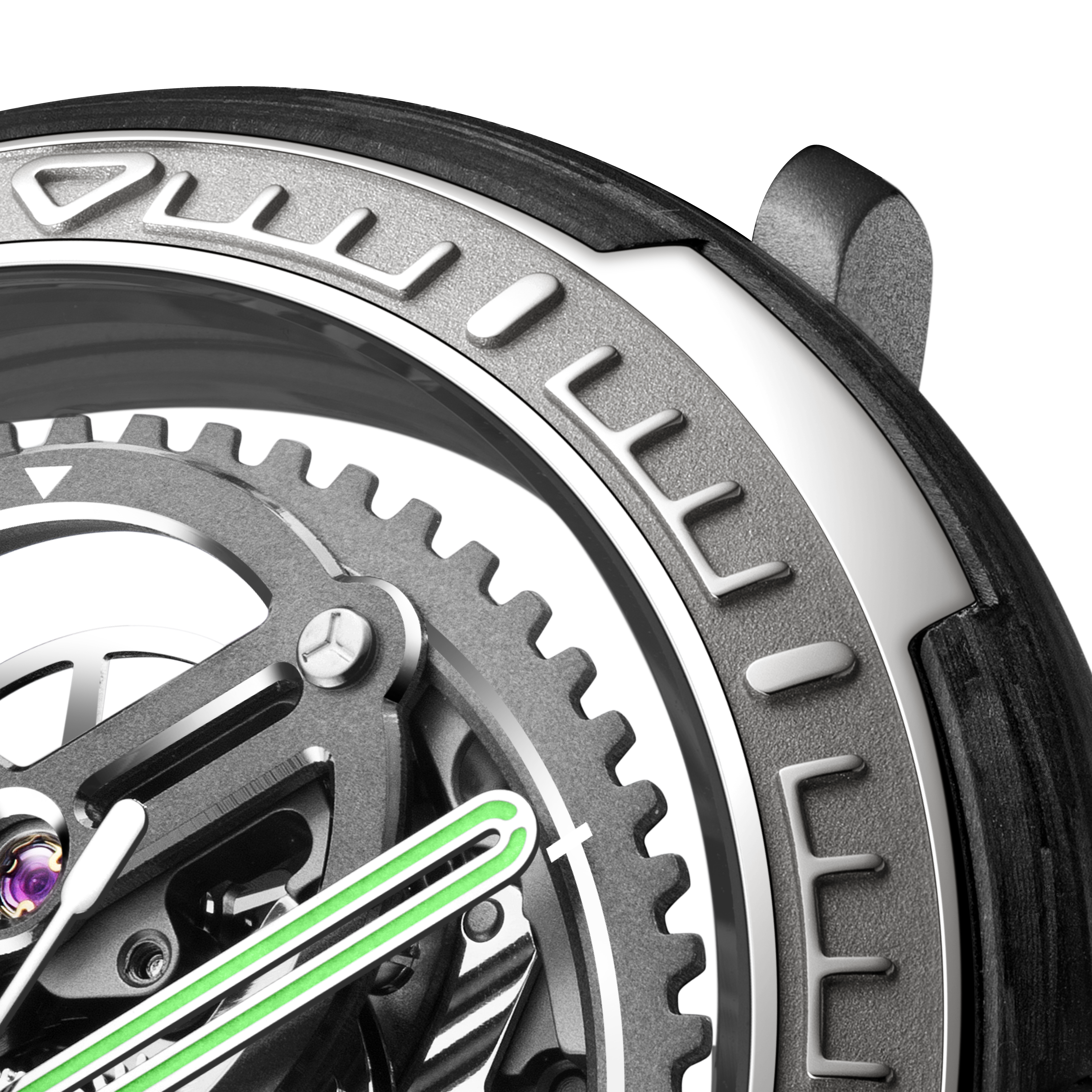 CIGA Design Racing Inspired Vector Carbon Skeleton Watch Crown and Case Detail Close Up